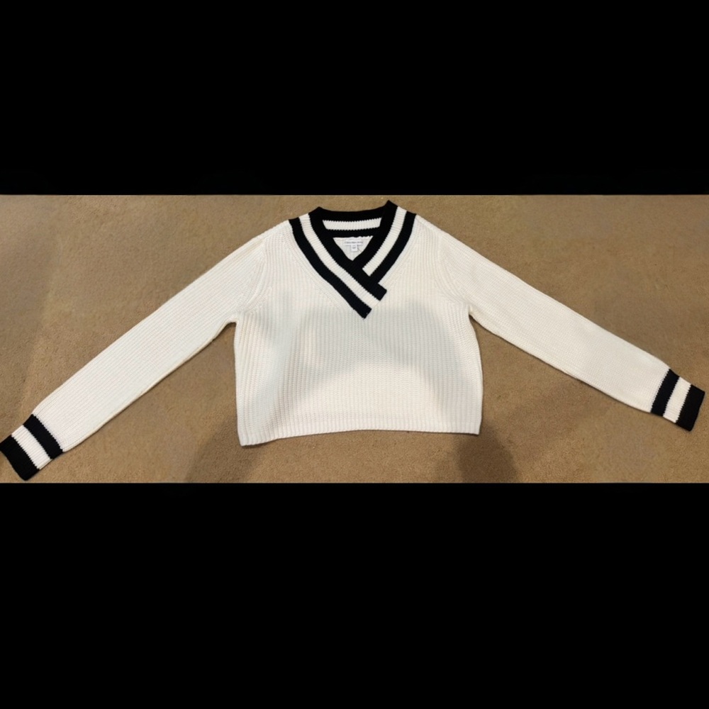 Calvin Klein Jeans White V-Neck Sweater with Black Trim